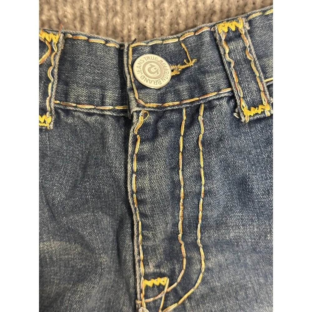 TRUE RELIGION Jeans Mens 36x33 Straight Leg Blue Denim Yellow Stitching